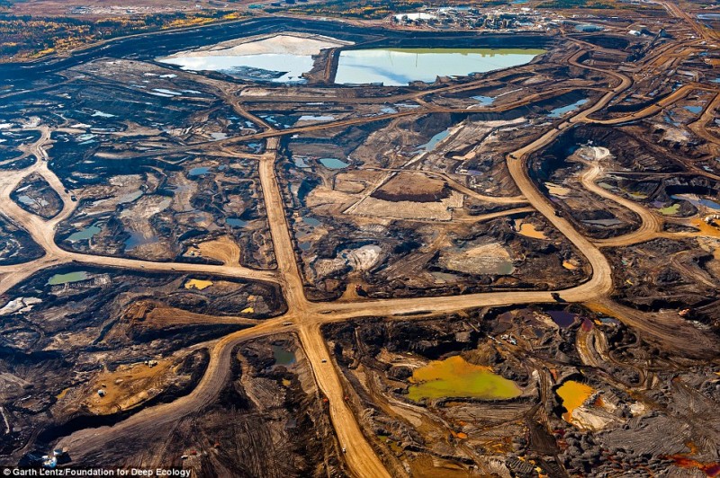 The scars left behind from the mining of oil sands in the Canadian province of Alberta.