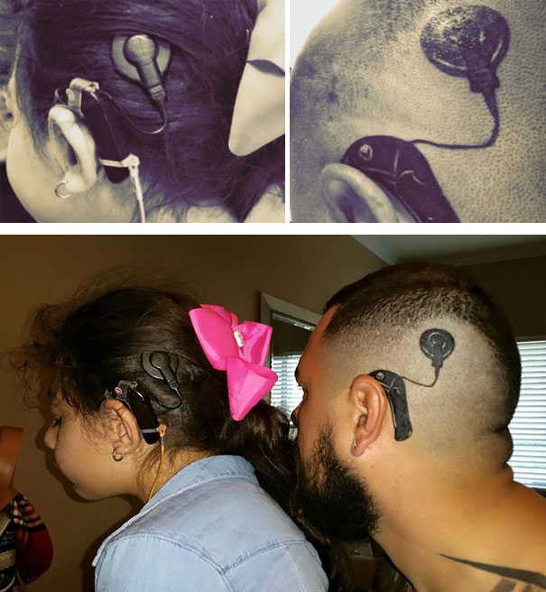 Баща си татуира едно към едно слуховия имплант, които носи дъщеря му, за да не се чувства тя различна