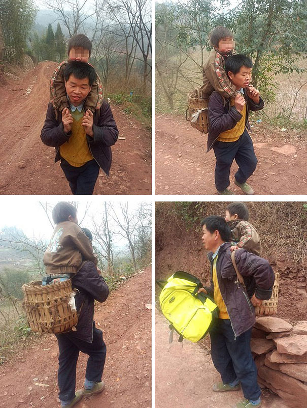 Баща в Китай носи сина си цели 18 мили до училище всеки ден, защото момчето има двигателни увреждания