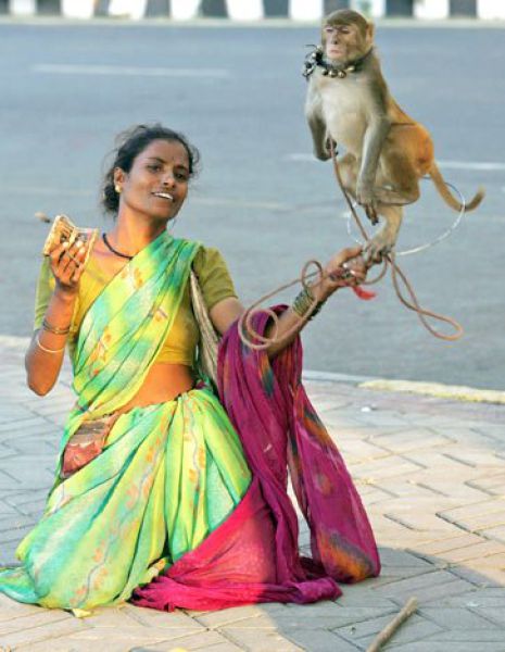 Улична артистка с танцуваща маумунка